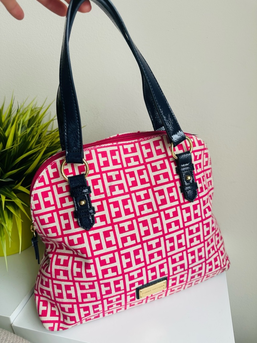 Tommy Hilfiger |  Hot Pink Canvas Patterned Satchel with Black Patent Handles - Picture 7 of 11